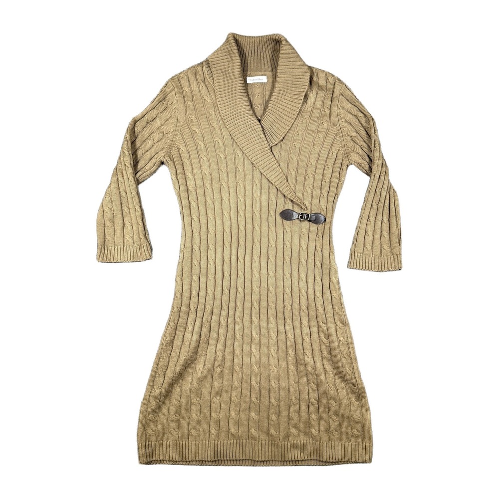 Calvin Klein Taupe Cable Knit Shawl Collar Buckle Sweater Dress CD3W1CBZ